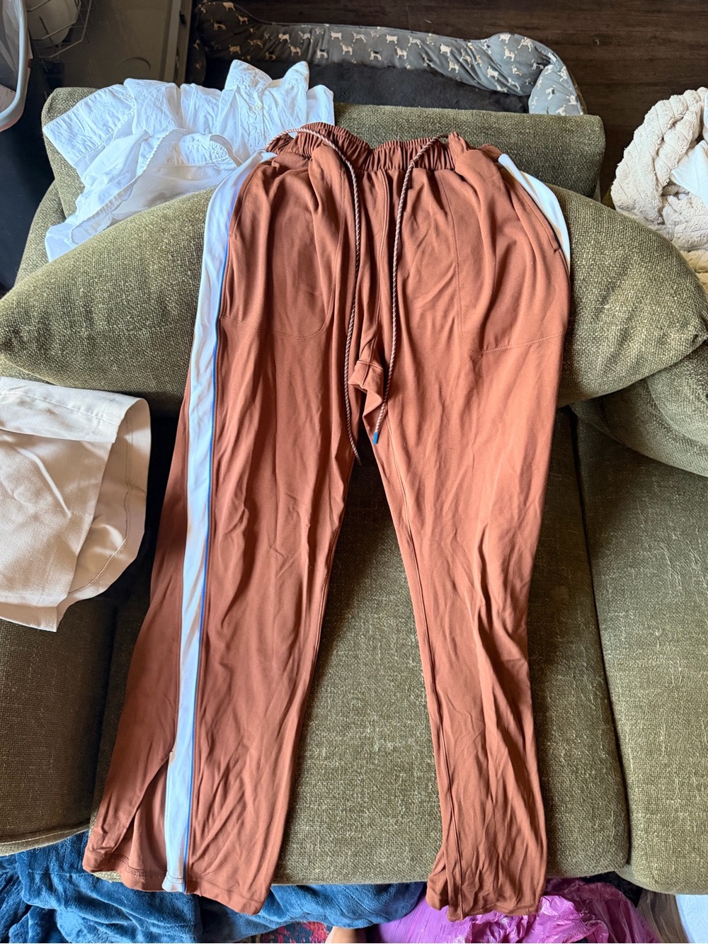 Aerie Women’s Rust Brown Track Pants with White and Blue Side Stripe